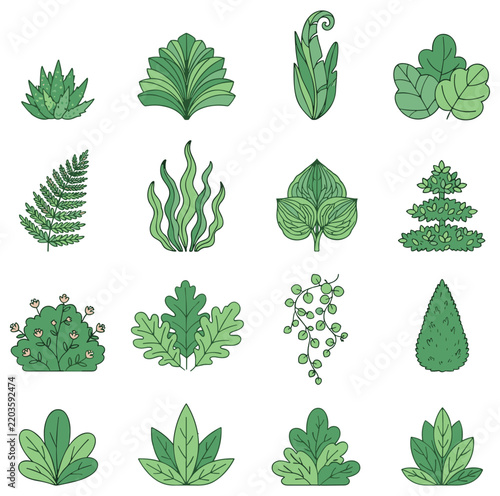 Set of Decorative Green Garden Plant Icons
