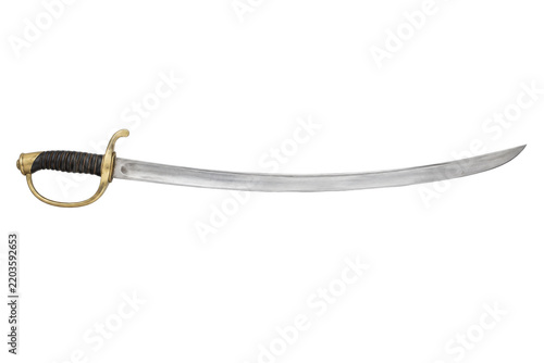 Obraz na plátně Vintage cavalry saber with a curved steel blade and a brass hilt, featuring a da