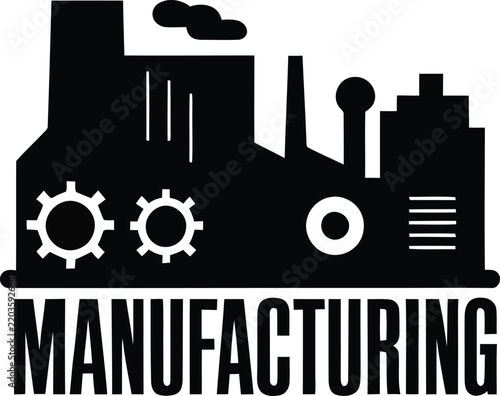 Manufacturing plant silhouette icon with gears and smokestack for industrial business branding