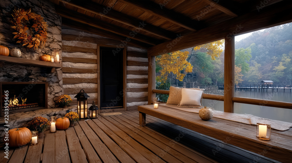 Fototapeta premium Cozy wooden cabin porch autumn lake view, rustic bench, fireplace, pumpkins, candles, peaceful atmosphere