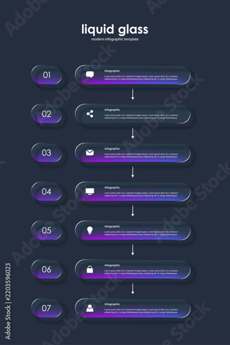 3D liquid glass vertical infographics design. Realistic glass elements. Modern glassmorphism elements with data and icons
