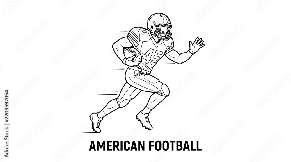 Fototapeta premium Very beautiful black and white flat realistic vector illustration of American football featuring helmet, football, gloves and dynamic athletic pose, AMERICAN FOOTBALL, clean flat outlines, no shading,