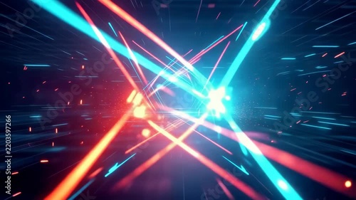 Abstract neon light tunnel with orange and cyan beams racing toward a glowing geometric center, creating energetic futuristic motion graphics background animation