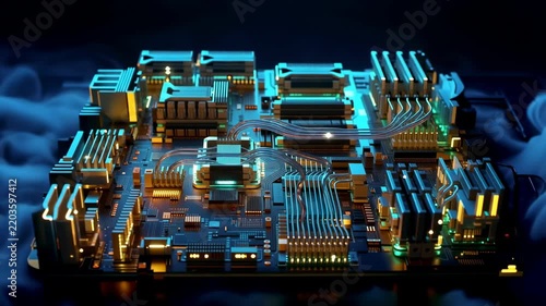 Futuristic computer circuit board with glowing data pathways and electronic components illuminated in blue and gold light, closeup technology hardware scene