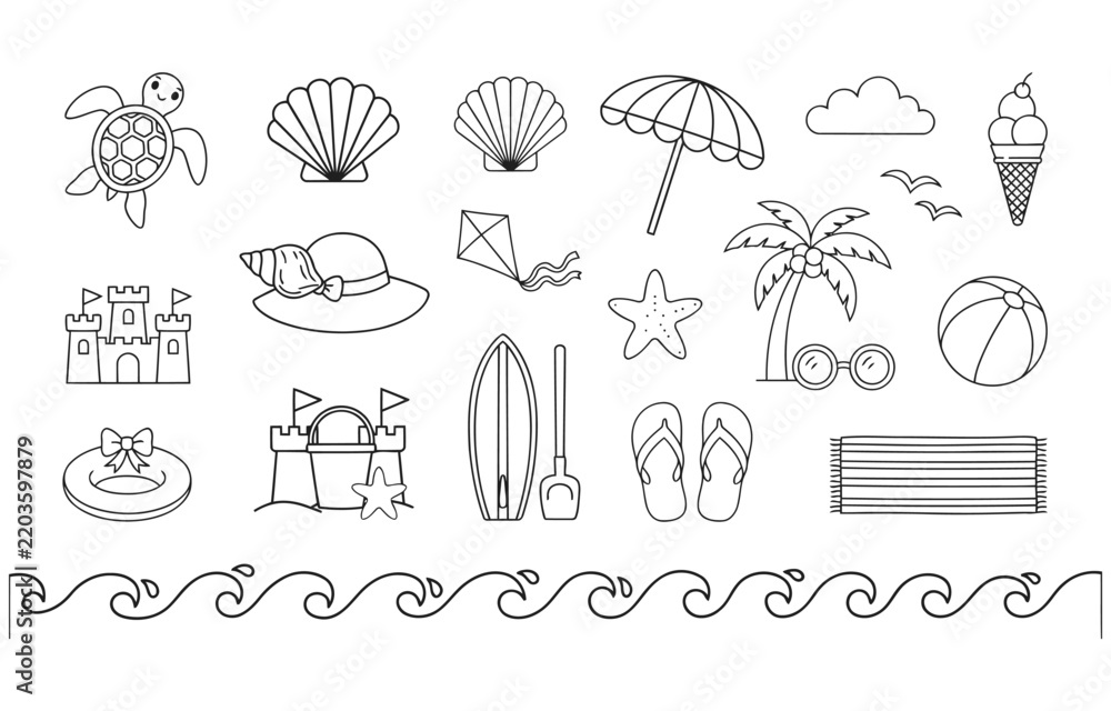 Obraz premium summer beach essentials icon line style vacation travel editable stroke vector set.