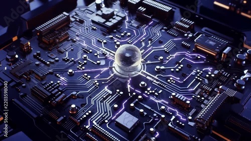 Glowing energy sphere radiating along illuminated circuit paths across futuristic electronic circuit board, animated technology concept with components and microchip details