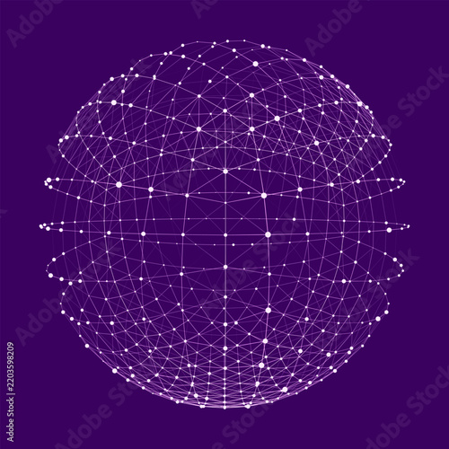 Abstract purple energy sphere from dots and lines on a dark background. Network connection structure. Digital global communication. Vector illustration.