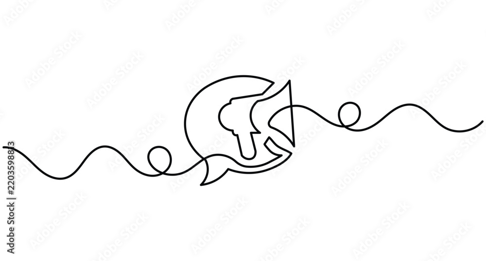Fototapeta premium Megaphone line art continuous speech bubble, editable stroke minimal outline vector illustration.