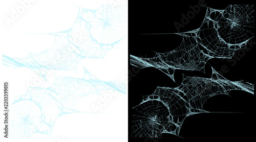 Intricate spider web illustration set, realistic cobweb textures on black and white backgrounds, spooky halloween design elements