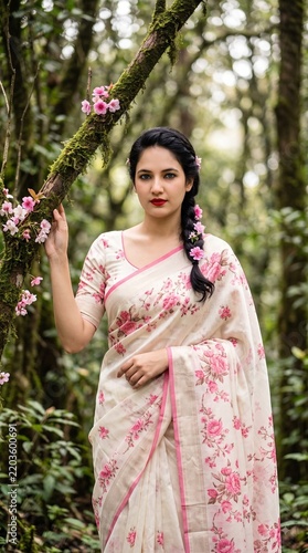 Elegant Indian woman in floral saree standing in a lush forest