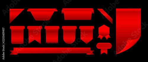 Set of red ribbon banners, bookmarks, and badge shapes isolated on white. Blank labels for sale and promo design