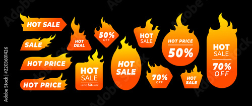 Hot sale banner set with fire flames and discount text. Promo tags for retail, shop, and e-commerce marketing