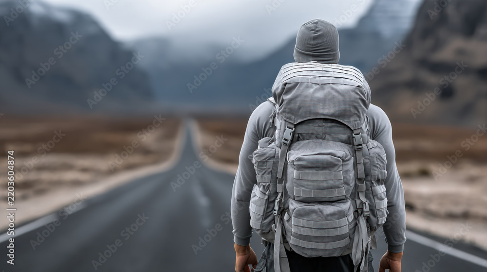 Fototapeta premium Backpacker road mountain outdoor adventure travel hiking solitude journey landscape wilderness exploration nature freedom