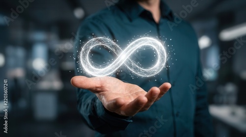 A businessman displaying a digital infinity symbol representing endless growth potential.