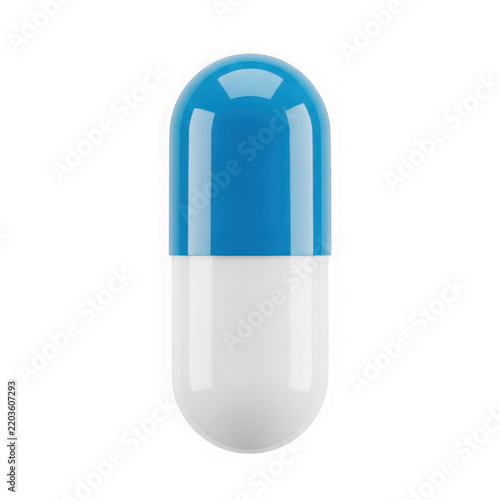 Close up view of a single capsule pill with blue top and white body transparent background