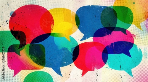 Overlapping colorful speech bubbles representing multiple conversations and communication flow.