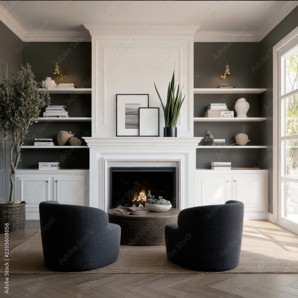 Fototapeta premium Modern living room with fireplace, black armchairs, large window, neutral decor, cozy atmosphere, natural light
