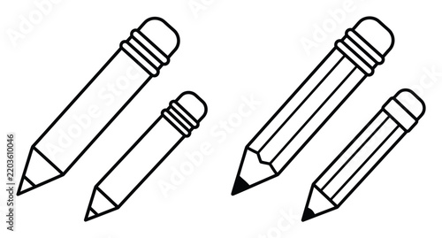 Set of four simple black and white pencil icons with erasers, isolated on a white background, educational or creative projects
