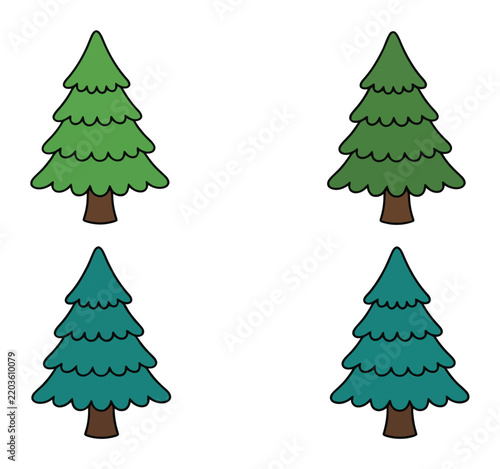 Set of four stylized evergreen pine trees in different shades of green isolated on white background, for forest and, landscape projects
