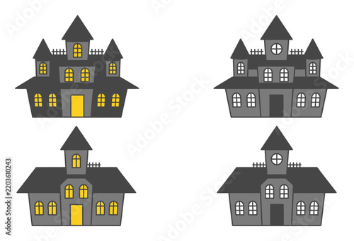 Set of haunted house icons with glowing yellow windows for halloween party invitation or spooky seasonal decoration collection