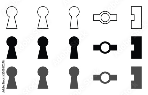 Set of keyhole and mechanical lock icons in various styles, security and access symbols for door hardware and privacy