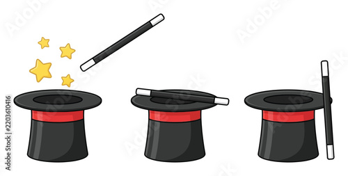 Set of magician hats and magic wands, cartoon style with sparkling stars, isolated on a white background, for creative projects