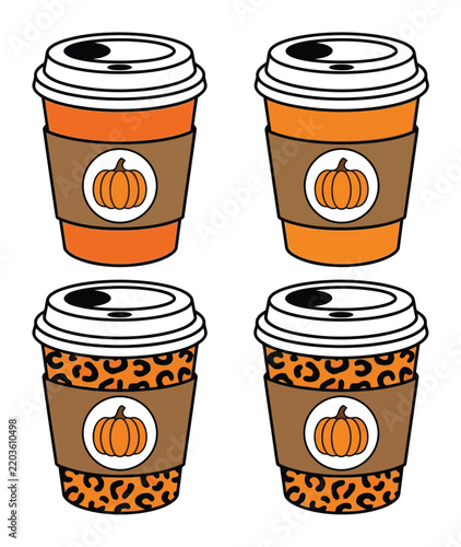 Set of pumpkin spice latte coffee cups with autumn seasonal hot beverage icons for fall themes, orange and brown leopard print patterns