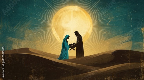 Holy family silhouette in a desert night landscape illustrating the Nativity story.