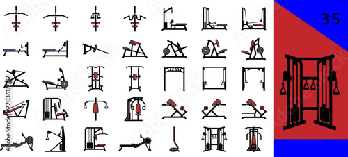 Obraz na plátně Black gym fitness equipment icons set workout machines chest press lat pulldown