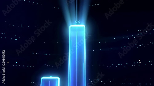 Glowing blue bar chart rises and rearranges across a futuristic digital landscape with numeric data labels, radiant light beams, reflections, and starry background