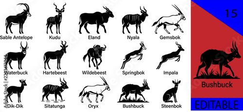 Obraz na płótnie Black african antelope silhouette bundle sable kudu eland nyala gemsbok waterbuc