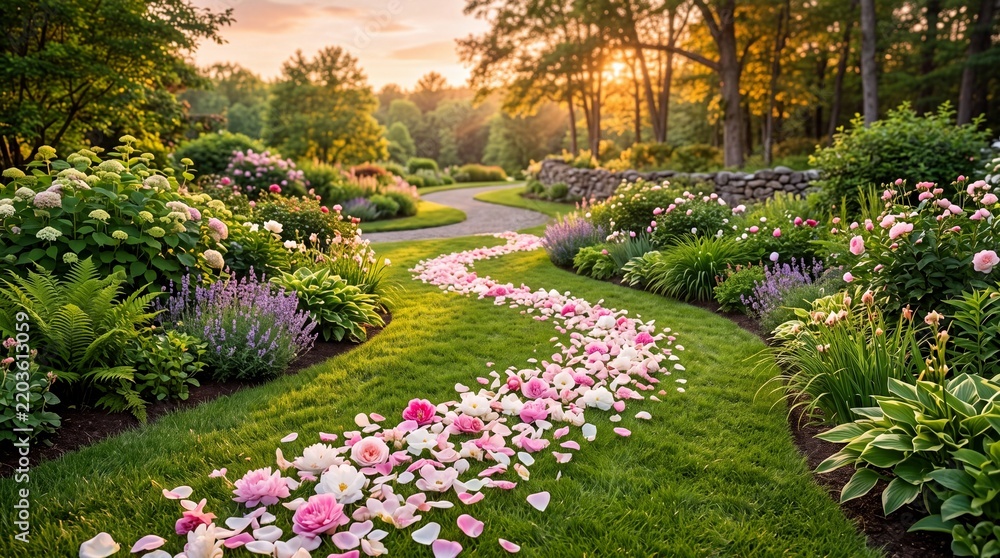 Obraz premium Beautiful Garden Pathway with Pink and Purple Flowers Near Sunset in Lush Landscape