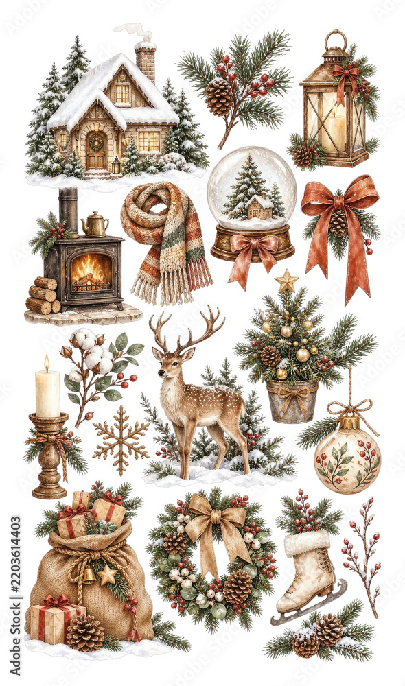 Fototapeta premium PNG Cozy Christmas winter cottage holiday decorations illustration