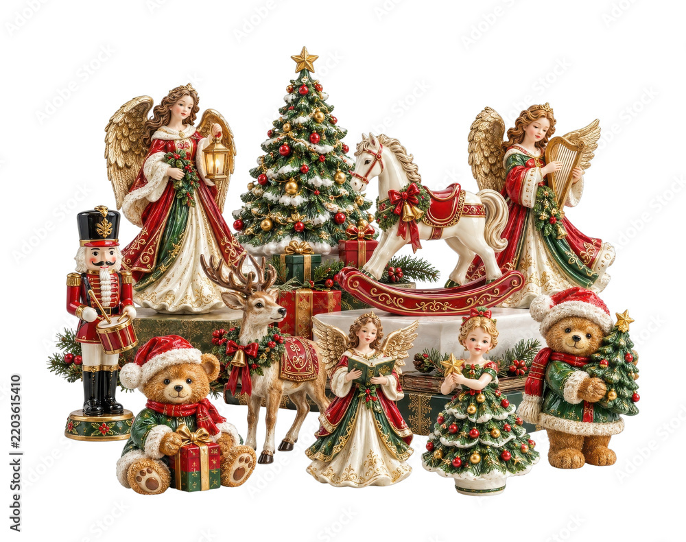 Fototapeta premium PNG Vintage Christmas toy collection with angels, teddy bears and tree