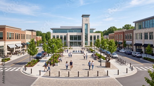 Modern Town Square Center with Clock Tower and Pedestrians in Bright Day
