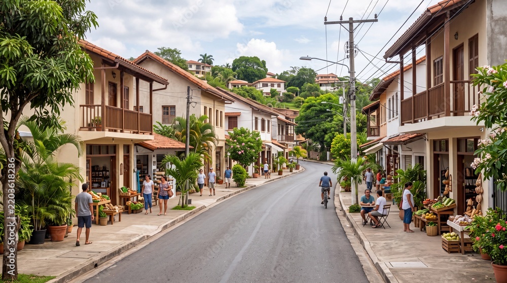 Fototapeta premium Charming Streetside Neighborhood in Tropical Climate with Cozy Houses and People Shopping and Walking