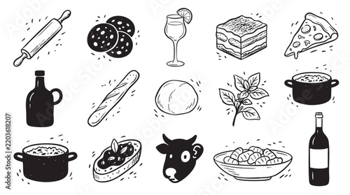 Italian food and cooking hand drawn icons set with pasta wine pizza and ingredients for culinary design.