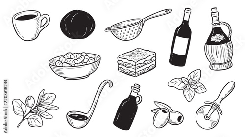 Mediterranean food icons set with pasta wine and kitchen utensils for restaurant and culinary design.