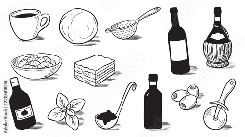 Italian cooking and Mediterranean food elements set with kitchen tools wine and ingredients for menu design.