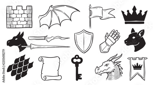 Medieval fantasy adventure elements set featuring castle walls and dragon gear for game asset design.