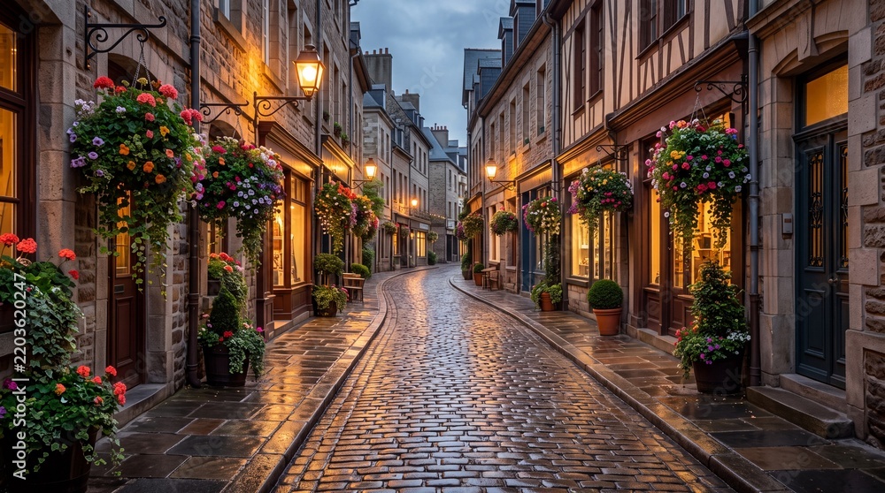 Fototapeta premium Charming Wet Cobblestone Street in Historic European City at Dusk with Flowered Facades and Warm Lighting
