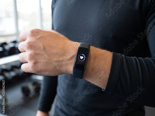 Man checking fitness tracker while exercising in a gym setting  