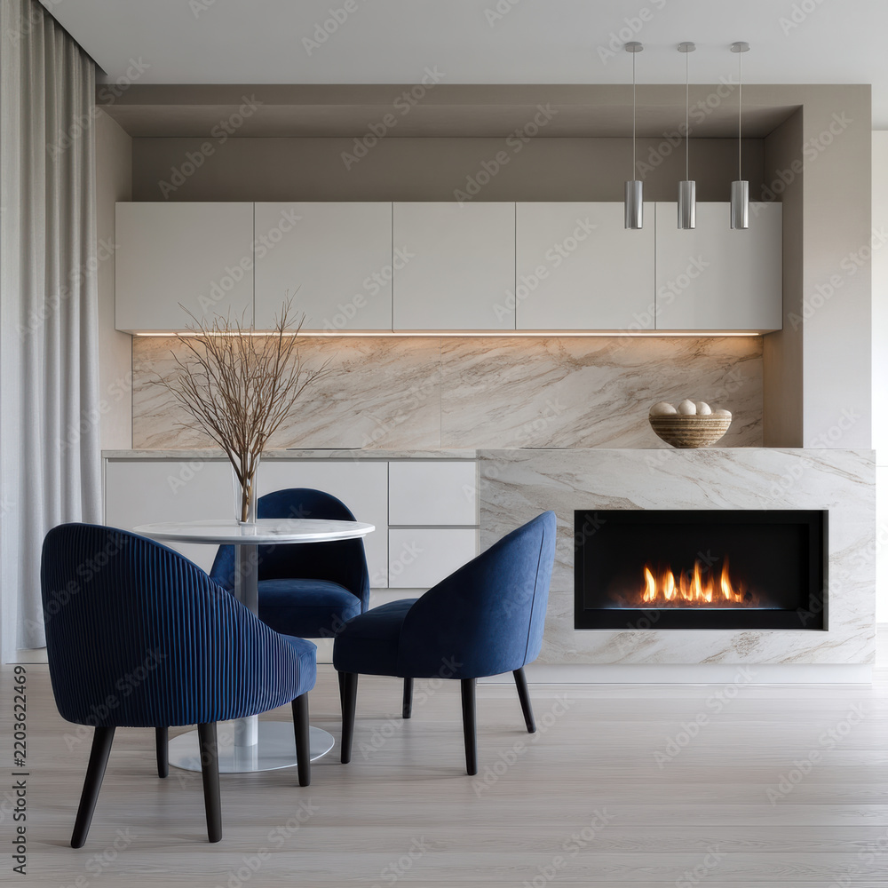 Fototapeta premium Modern apartment with marble fireplace, blue velvet chairs, minimalist kitchen, round table, cozy atmosphere