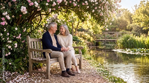 Elderly Couple Sitting on Bench Under Pink Flowering Tree Near Water in Sunset Light