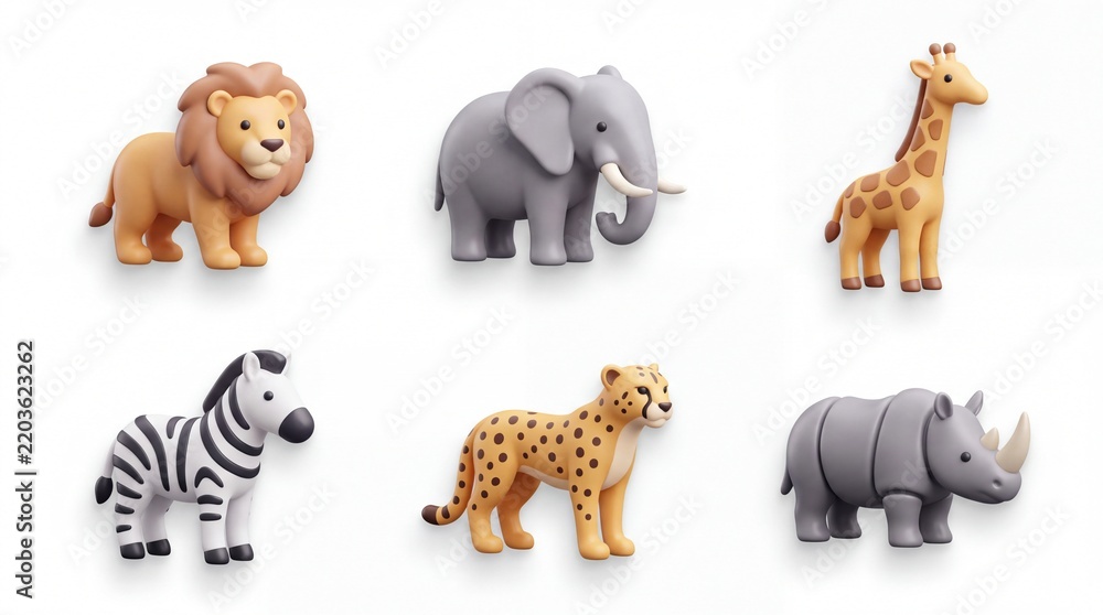 Obraz premium Collection of Colorful Animal Figurines Featuring Lion Elephant Giraffe Zebra Cheetah Rhino on White Background