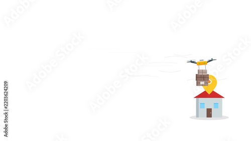 A heavy-duty drone flies while carrying multiple large packages, trailing dynamic wind effects behind it, and heading toward a house marked with a location pin.