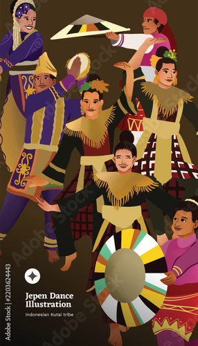 Dayak dance east borneo dance design layout in cell shaded illustration style