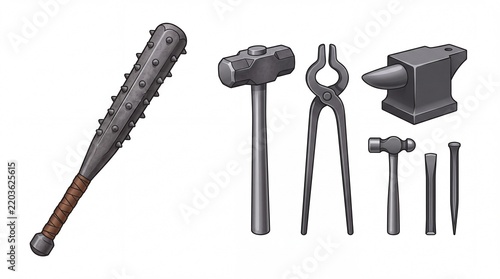 A complete array of medieval blacksmith gear featuring heavy iron weapons and workshop equipment displayed together for historical crafting enthusiasts and fantasy roleplaying game design