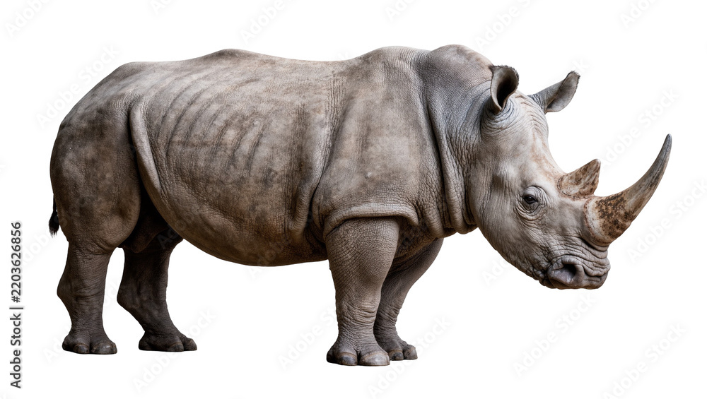 Obraz premium Large grey rhinoceros with two horns, isolated on transparent background
