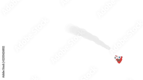 A rocket followed by smoke carrying a cardboard package towards a location marker at the edge of the screen.